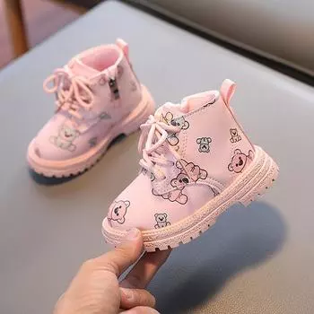 Теплые плюшевые ботинки для девочек, повседневные ботильоны на плоской подошве с принтом 21 розовый