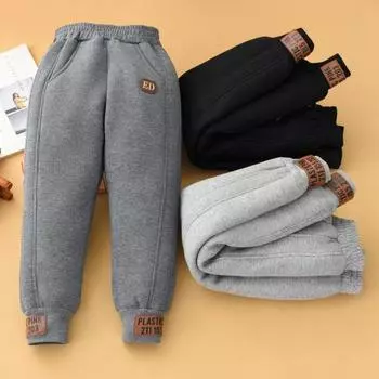 Теплые плюшевые брюки для мальчиков и девочек для осенней и зимней одежды. Утолщенная верхняя одежда для детей. Длинные брюки. Спортивные брюки на овечьем пуху. Повседневные брюки. 110 чёрный