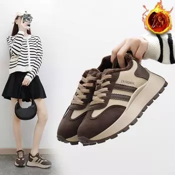 Теплые плюшевые кроссовки для папы для женщин, зимние школьницы, спортивная платформа, повседневная хлопковая обувь для женщин 35 коричневый