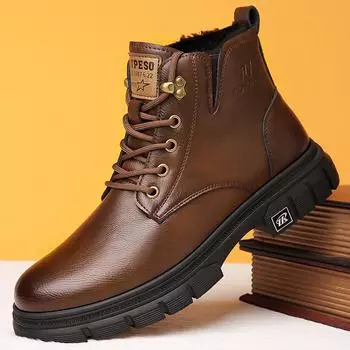 Теплые плюшевые меховые зимние ботинки для мужчин, модные брендовые ботинки на шнуровке, высокие мужские ботинки, простые нескользящие мужские мотоциклетные ботинки 38