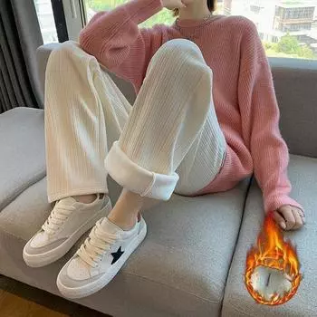 Теплые плюшевые прямые брюки, зимние утолщенные широкие брюки из бархата, женские мешковатые повседневные брюки с высокой талией в корейском стиле XS чёрный