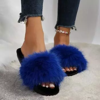 Теплые плюшевые тапочки женские Slis Плоские каблуки Пушистый мех Однотонные женские туфли Низкие каблуки Платформа Меховые тапочки Обувь Zapatos 36 синий