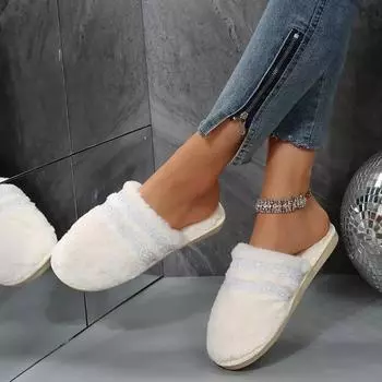 Теплые плюшевые туфли для женщин, пушистые меховые тапочки для отдыха, женские плоские низкие каблуки, закрытые круглые носки, меховые тапочки на платформе 36 чёрный