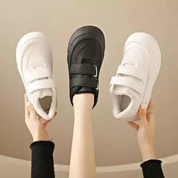 Теплые плюшевые женские туфли на плоской подошве, зимняя женская обувь для отдыха с круглым носком на липучке, однотонная повседневная обувь, женская обувь 35