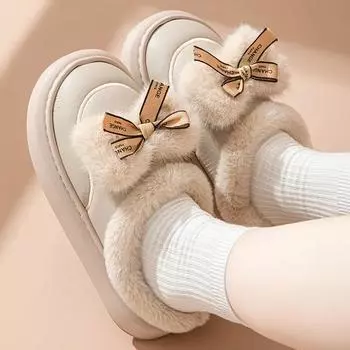 Теплые пушистые милые хлопковые тапочки с бантом для женщин, зимние удобные тапочки с мягкой подошвой, женские легкие нескользящие тапочки для дома 36-37 хаки