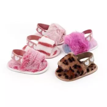 Теплые пушистые тапочки для маленьких девочек, плюшевые сандалии, обувь на плоской подошве с мягкой подошвой из искусственного меха, тапочки для малышей с эластичным ремешком сзади 13/L