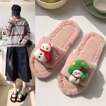 Теплые пушистые тапочки женские толстые пушистые меховые тапочки снеговик новогодняя елка домик шлепанцы домашние тапочки плоская домашняя обувь на полу 36 бежевый