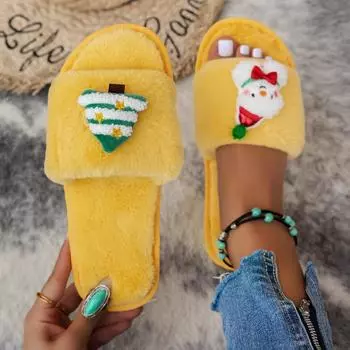 Теплые пушистые тапочки женские толстые пушистые меховые тапочки снеговик новогодняя елка домик шлепанцы домашние тапочки плоская домашняя обувь на полу 36 бежевый