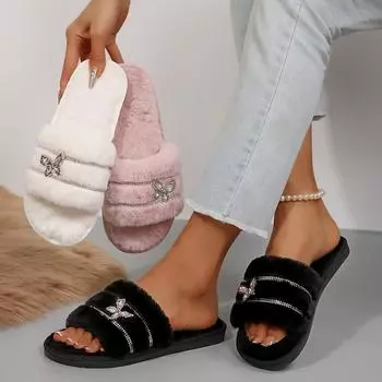 Теплые пушистые тапочки женские толстые пушистые меховые тапочки бабочка кристалл заклепки домашние шлепанцы домашние тапочки плоские тапочки для дома 36 чёрный