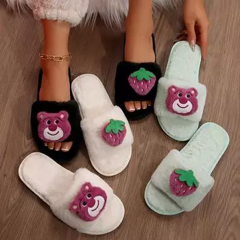 Теплые пушистые тапочки женские толстые пушистые меховые тапочки клубничный медведь зимние домашние шлепанцы домашние тапочки плоская домашняя обувь на полу 36 бежевый