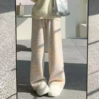 Теплые радужные трикотажные брюки женские осень-зима новые брюки с высокой талией драпировка повседневные прямые широкие спортивные брюки мягкий плюш S