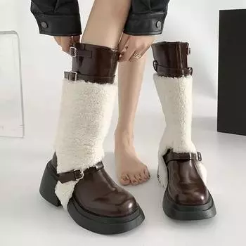 Теплые сапоги на платформе с высоким каблуком, женские, осень-зима, увеличивающие высоту голени, универсальные, съемные, меховые, Botas Femininas 35 чёрный