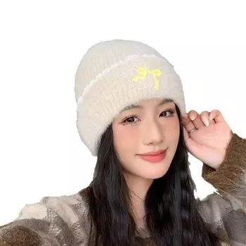 Теплые шапки-бантики с однотонной защитой ушей, милая вязаная шапка-пуловер, осень/зима чёрный