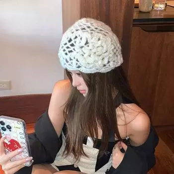 Теплые шапки-бини с выемками, теплая шапка, вязаная шапка в стиле ретро с крючком, вязаная шапка с выемками и цветами, осень белый