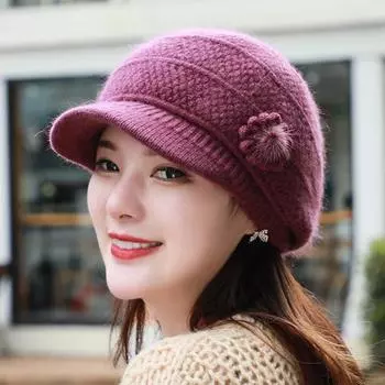 Теплые шапки для людей среднего и пожилого возраста, женские вязаные шапки из пряжи, защита ушей, теплые шапки с утиным язычком, зимние ветрозащитные шапки