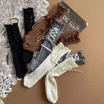 Теплые шерстяные носки для девочек, шикарные милые корейские кружевные носки с бантом и оборками из телячьей кожи для детей, осенние мягкие шерстяные ворсовые носки, одежда, аксессуары