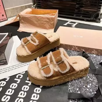 Теплые шерстяные тапочки женские тапочки на толстой подошве зимние новые односимвольные пряжки на плоской подошве открытые женские тапочки 35 верблюд