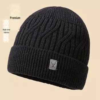 «Теплые шерстяные вязаные шапки для мужчин с бархатными наушниками — большой размер для осени и зимы» [High quality] чёрный