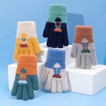 Теплые шерстяные зимние перчатки для мальчиков начальной школы — симпатичные, толстые и удобные для использования на открытом воздухе 5-10 years old бежевый/синий