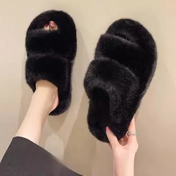 Теплые тапочки с толстой подошвой и плоским дном One Word, осенние и зимние пушистые тапочки 35 бежевый