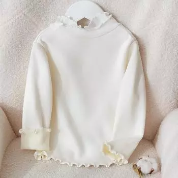 Теплые топы для мальчиков и девочек, повседневные детские футболки с длинными рукавами, однотонные, утолщенные, детская одежда с кромкой, осень-зима 90 бежевый