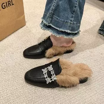 Теплые туфли-мюли женские массивные тапочки Crystal Luxury Casual Slips 2024 Fashion New Fall Plush Walk Zapatos Mujer 35 бежевый