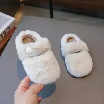 Теплые туфли на плоской подошве для девочек, уличные детские тапочки с мехом, зимняя новая мода 2024 года, обувь принцессы для девочек, однотонная, универсальная 23 белый
