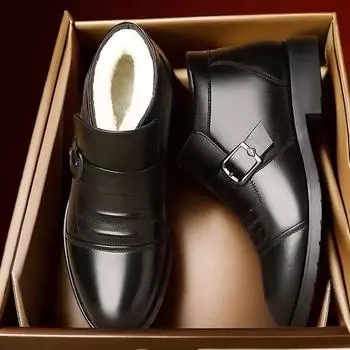 Теплые утолщенные бархатные хлопковые туфли, деловые мужские ботинки, универсальные рабочие туфли для людей среднего и пожилого возраста, кожаные туфли для пап 38 чёрный