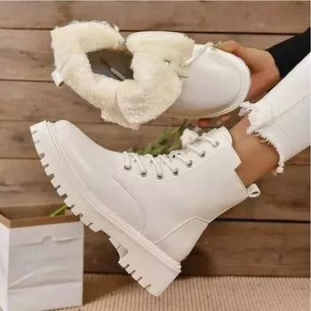 Теплые утолщенные плюшевые ботильоны на платформе, женские зимние ботинки из искусственной кожи с толстой подошвой из хлопка, женские черные мотоциклетные ботинки 35