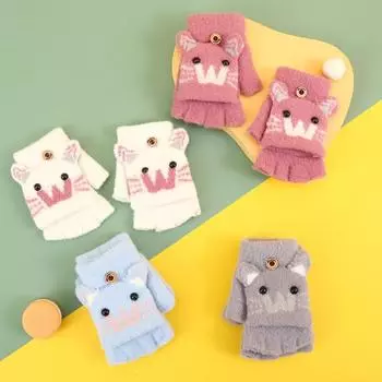 Теплые утолщенные зимние перчатки с котенком, перчатки с половиной пальца, плюшевые перчатки для письма