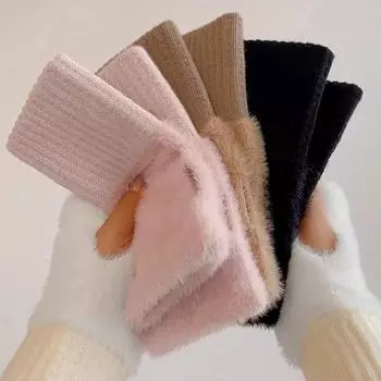 Теплые вязаные перчатки с полупальцами, осенние и зимние плюшевые перчатки без пальцев, женские варежки, перчатки с отверстием для большого пальца белый