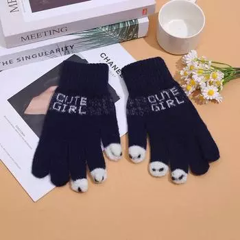 Теплые вязаные женские зимние милые пушистые перчатки с кончиками пальцев перчатки без пальцев шерстяные сенсорные телефоны для девочек варежки с полным пальцем фиолетовый