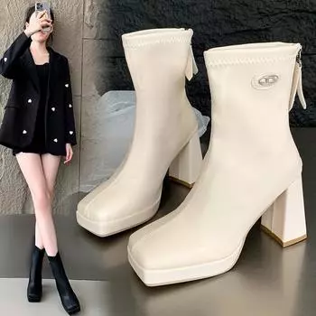 Теплые высокие каблуки, увеличивающие рост, ботинки Martin, универсальные, темпераментные, средние, модные ботинки с застежкой-молнией сзади 35