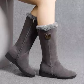 Теплые высокие меховые сапоги «Челси» Женская зимняя обувь для женщин Массивные плюшевые зимние сапоги до середины голени на плоской подошве Модные женские сапоги на молнии 35