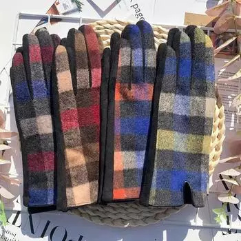 Теплые замшевые перчатки, модные клетчатые перчатки для пальцев, перчатки для езды на велосипеде в холодную погоду average size