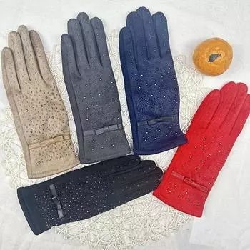 Теплые замшевые перчатки женские с отделкой в виде ромбовидного банта внутренние флисовые перчатки ветрозащитные перчатки для сенсорных экранов красный