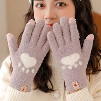 Теплые женские эластичные вязаные перчатки Cat Paw женские перчатки перчатки для вождения шерстяные варежки серый