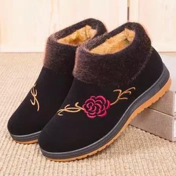Теплые женские ботинки с круглым носком, зимние бархатные утолщенные ботинки по щиколотку для людей среднего и пожилого возраста, теплые нескользящие зимние ботинки для отдыха 5 чёрный