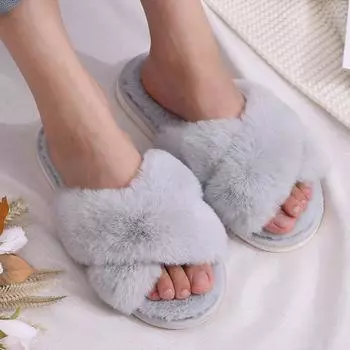 Теплые женские плоские пушистые тапочки с перекрестными полосками плюшевые тапочки женские пушистые мохнатые спальные тапочки нескользящие домашние тапочки 36-37