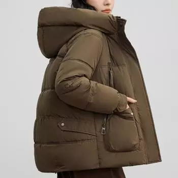 Теплые женские зимние пальто с капюшоном больших размеров, толстые теплые короткие парки больших размеров, женские зимние куртки с длинными рукавами M коричневый