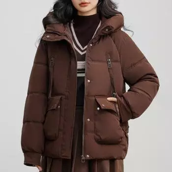 Теплые женские зимние пальто с капюшоном больших размеров, толстые теплые короткие парки больших размеров, женские зимние куртки с длинными рукавами M коричневый