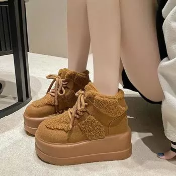 Теплые зимние ботинки для женщин 2024 года, зимняя обувь из плюша с хлопковой подкладкой, женские кожаные ботинки на высоком каблуке 7 см, туфли на толстой платформе 36 коричневый