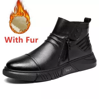 Теплые зимние ботинки мужские кожаные туфли модные ботинки челси плюшевые зимние ботинки повседневные деловые с острым носком черные модные мужские туфли 38