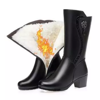 Теплые зимние ботинки женские из натуральной кожи женские ботинки большого размера шерстяные ботинки женские нескользящие ботинки 35 чёрный