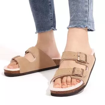 Теплые зимние меховые тапочки мужские меховые шлепанцы мужские уличные пушистые пробковые туфли на плоской подошве с регулируемой пряжкой плюшевые пробковые тапочки 36