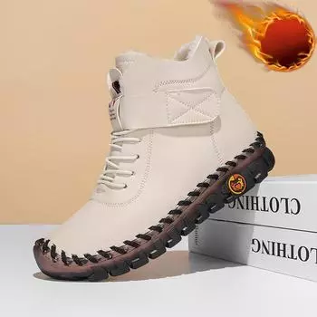 Теплые зимние мужские ботинки с мехом, большие размеры 36-44, зимние ботинки, женская обувь, модные уличные кроссовки, кожаные ботинки ручной работы 37 бежевый