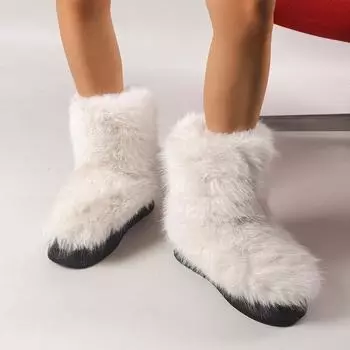 Теплые зимние сапоги из искусственного меха для женщин 2024 года, зимние нескользящие утолщенные ботильоны из плюша, женские белые нескользящие ботинки с круглым носком и хлопковой подкладкой 36 белый
