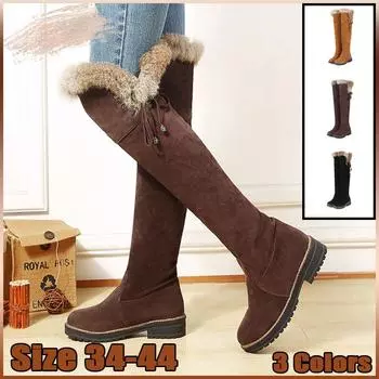 Теплые зимние сапоги женские зимние ботинки замшевые сапоги до колена женские модные низкие каблуки теплые меховые плюшевые длинные сапоги женские 34 жёлтый