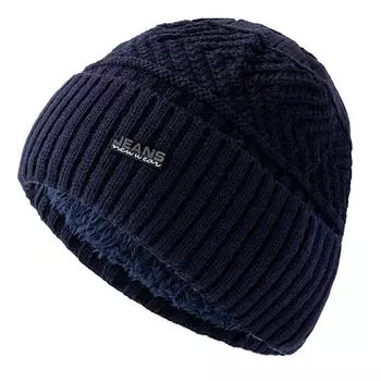 Теплые зимние шапки унисекс с меховой подкладкой, стильная шапка-бини для мужчин и женщин, спортивная вязаная шапка на открытом воздухе 54cm-62cm темно-синий