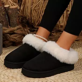 Теплые зимние тапочки из искусственного меха, женские туфли из искусственной замши на платформе с хлопковой подкладкой, женские пушистые меховые тапочки на плоском каблуке, женские 44 36 чёрный